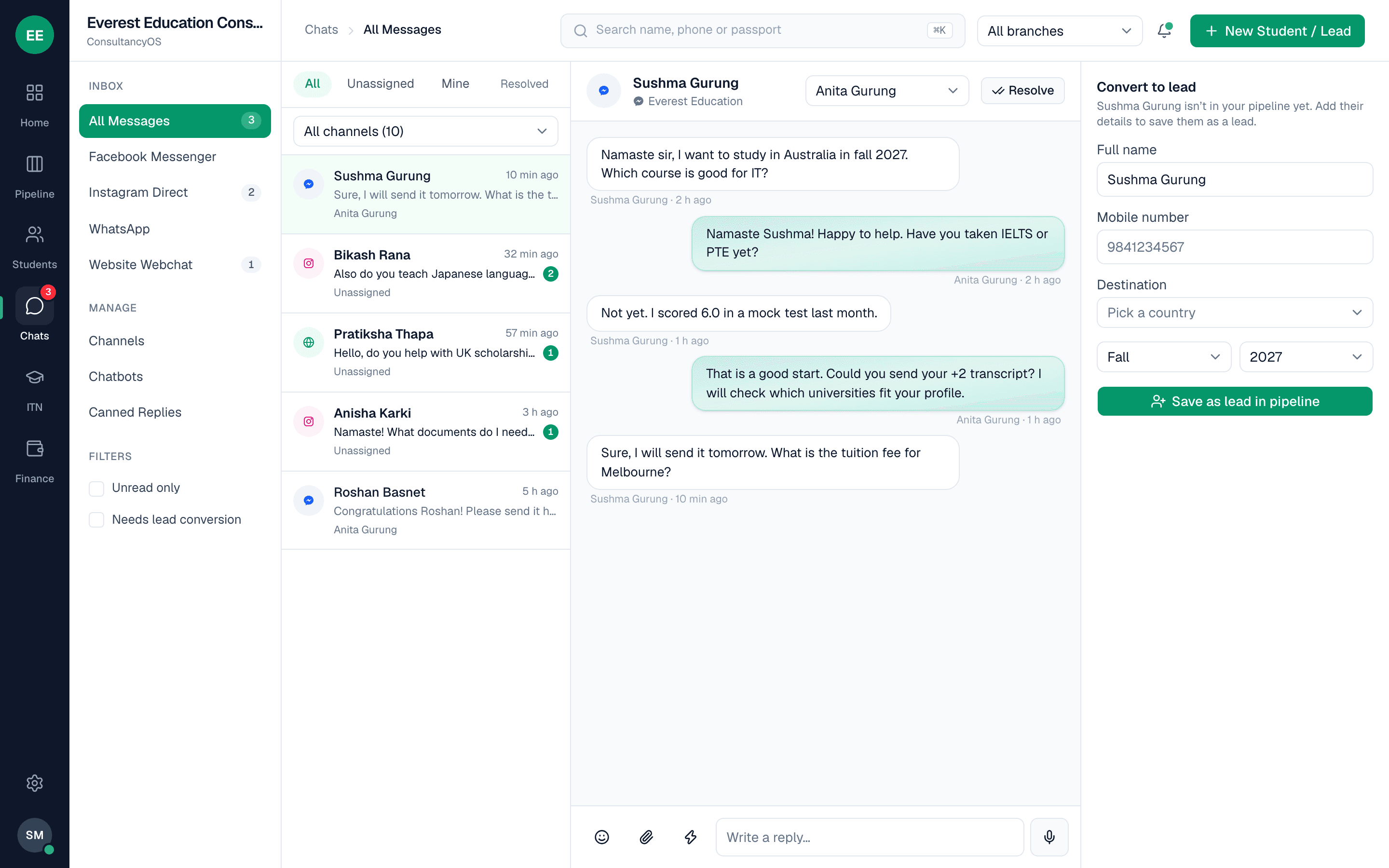 The shared inbox, with Messenger, Instagram, WhatsApp and website chats in one list, an open conversation, and a form to convert the chat into a lead.