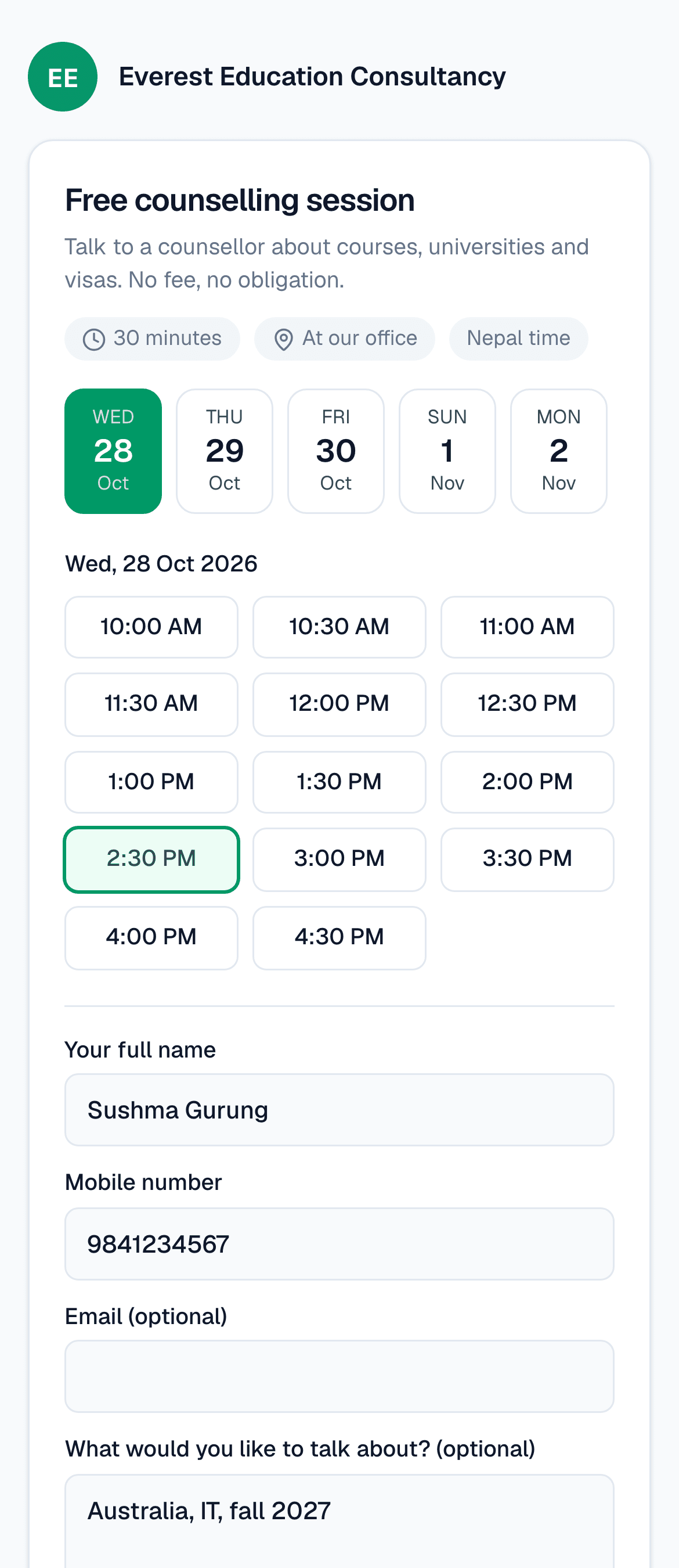 Booking widget on a phone: the student picks a day and a time, then enters name and mobile.