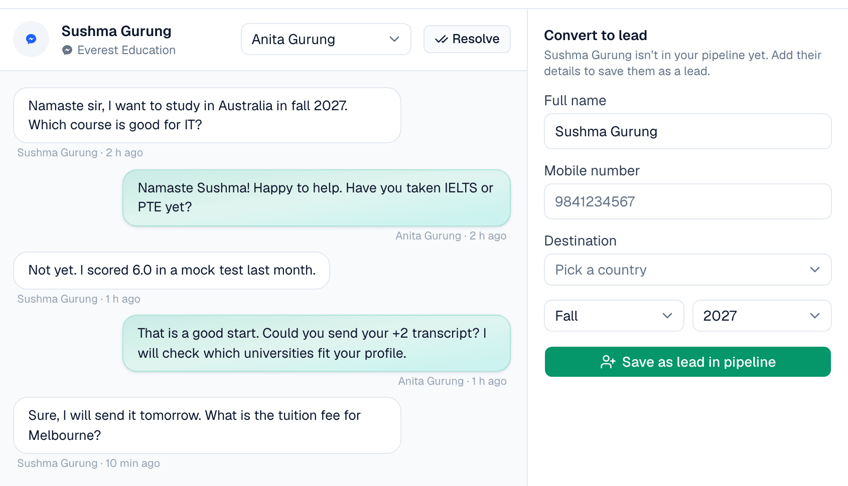 Close-up of a student's chat beside the Convert to lead form with name, mobile number, destination and intake.