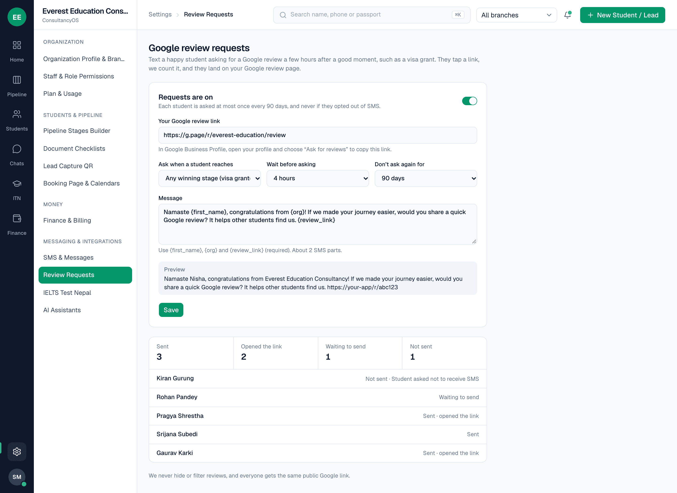 Google review request settings: the review link, the stage that triggers it, the wait before asking, the message, and a log of who was asked and who opened the link.